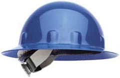 Fibre-Metal - ANSI Type I, Class E Rated, 8-Point, Ratchet Adjustment Hard Hat - Size 6-1/2 to 8, Blue, Full Brim - Americas Industrial Supply