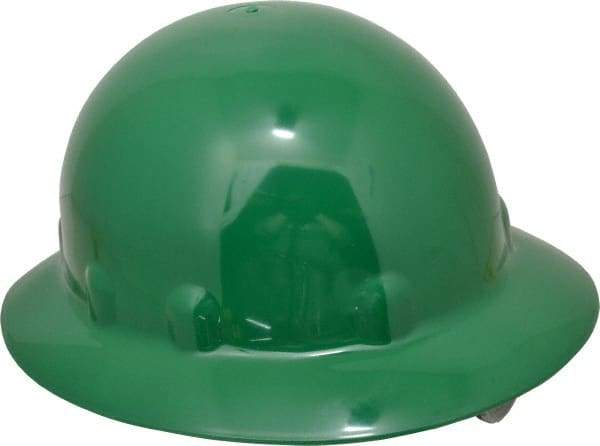 Fibre-Metal - ANSI Type I, Class E Rated, 8-Point, Ratchet Adjustment Hard Hat - Size 6-1/2 to 8, Green, Full Brim - Americas Industrial Supply