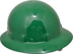 Fibre-Metal - ANSI Type I, Class E Rated, 8-Point, Ratchet Adjustment Hard Hat - Size 6-1/2 to 8, Green, Full Brim - Americas Industrial Supply