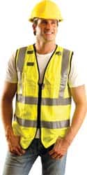 OccuNomix - Size XL High Visibility Yellow Solid Surveyor's Vest - 44 to 46" Chest, ANSI 107-2015, Zipper Closure, 3 Pockets, Polyester - Americas Industrial Supply