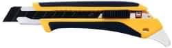 Olfa - Snap Utility Knife - 3.94" High Carbon Tool Steel Blade, Yellow & Black Elastomer & Fiber Reinforced Polymer Handle, 1 Blade Included - Americas Industrial Supply