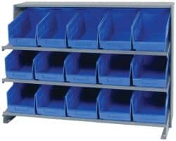 Quantum Storage - 15 Bin Store-More Sloped Shelving System - 36 Inch Overall Width x 12 Inch Overall Depth x 26-1/2 Inch Overall Height, Blue Polypropylene Bins - Americas Industrial Supply