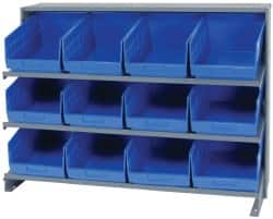 Quantum Storage - 12 Bin Store-More Sloped Shelving System - 36 Inch Overall Width x 12 Inch Overall Depth x 26-1/2 Inch Overall Height, Blue Polypropylene Bins - Americas Industrial Supply