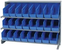 Quantum Storage - 24 Bin Store-More Sloped Shelving System - 36 Inch Overall Width x 12 Inch Overall Depth x 26-1/2 Inch Overall Height, Blue Polypropylene Bins - Americas Industrial Supply