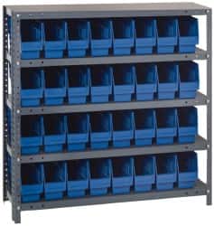 Quantum Storage - 32 Bin Store-More Shelf Bin System - 36 Inch Overall Width x 12 Inch Overall Depth x 39 Inch Overall Height, Blue Polypropylene Bins - Americas Industrial Supply