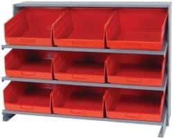 Quantum Storage - 9 Bin Store-More Sloped Shelving System - 36 Inch Overall Width x 12 Inch Overall Depth x 26-1/2 Inch Overall Height, Red Polypropylene Bins - Americas Industrial Supply