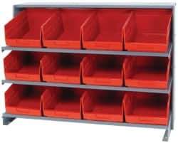 Quantum Storage - 12 Bin Store-More Sloped Shelving System - 36 Inch Overall Width x 12 Inch Overall Depth x 26-1/2 Inch Overall Height, Red Polypropylene Bins - Americas Industrial Supply