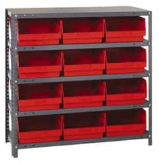 Quantum Storage - 12 Bin Store-More Shelf Bin System - 36 Inch Overall Width x 18 Inch Overall Depth x 39 Inch Overall Height, Red Polypropylene Bins - Americas Industrial Supply