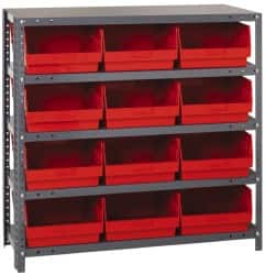 Quantum Storage - 12 Bin Store-More Shelf Bin System - 36 Inch Overall Width x 12 Inch Overall Depth x 39 Inch Overall Height, Red Polypropylene Bins - Americas Industrial Supply