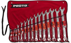 Proto - 15 Piece, 7mm to 32mm, 12 Point Tethered Combination Wrench Set - Metric Measurement Standard, Satin Chrome Finish, Comes in Nylon Roll - Americas Industrial Supply