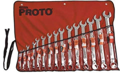 Proto - 15 Piece, 5/16" to 1-1/4", 12 Point Tethered Combination Wrench Set - Inch Measurement Standard, Satin Chrome Finish, Comes in Nylon Roll - Americas Industrial Supply