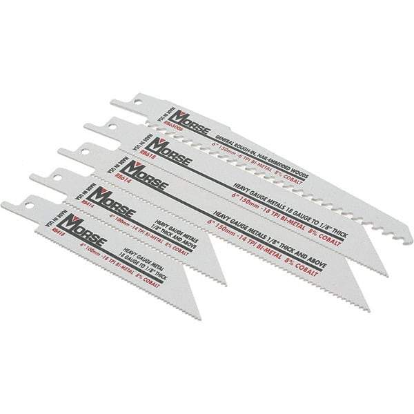 M.K. MORSE - 5 Pieces, 4" to 6" Long x 0.035" to 0.05" Thickness, Bi-Metal Reciprocating Saw Blade Set - Tapered Profile, 10 to 18 Teeth, Toothed Edge - Americas Industrial Supply