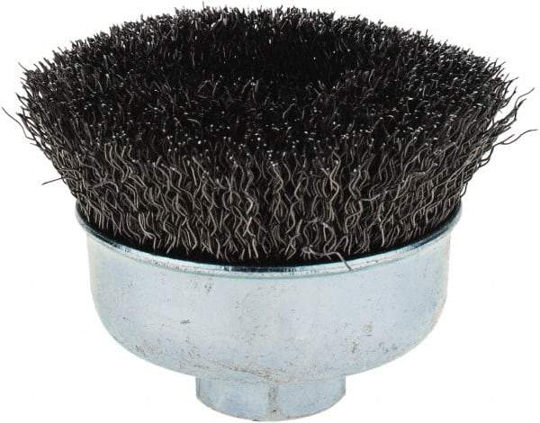 Weiler - 3" Diam, 5/8-11 Threaded Arbor, Steel Fill Cup Brush - 0.014 Wire Diam, 7/8" Trim Length, 14,000 Max RPM - Americas Industrial Supply