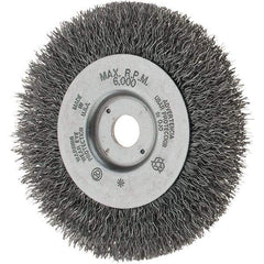 Weiler - 4" OD, 1/2" Arbor Hole, Crimped Steel Wheel Brush - 1/2" Face Width, 13/16" Trim Length, 0.014" Filament Diam, 6,000 RPM - Americas Industrial Supply