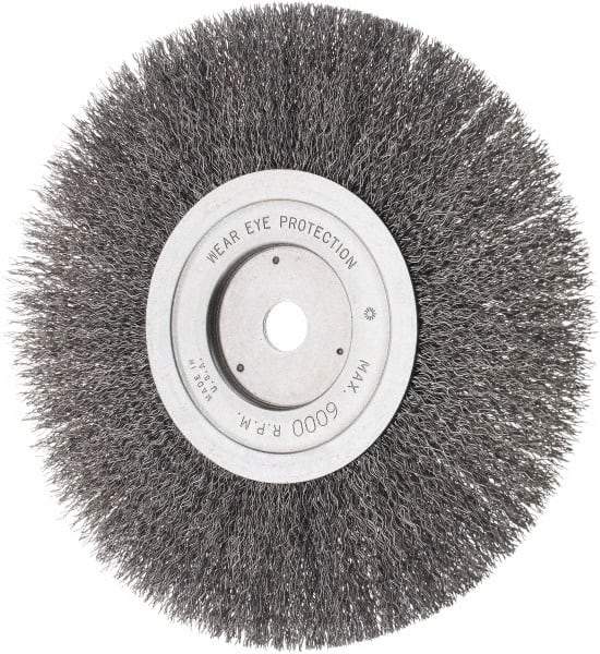 Weiler - 8" OD, 5/8" Arbor Hole, Crimped Steel Wheel Brush - 3/4" Face Width, 1-1/2" Trim Length, 0.014" Filament Diam, 4,500 RPM - Americas Industrial Supply