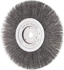 Weiler - 8" OD, 5/8" Arbor Hole, Crimped Steel Wheel Brush - 3/4" Face Width, 1-1/2" Trim Length, 0.014" Filament Diam, 4,500 RPM - Americas Industrial Supply