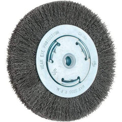 Weiler - 6" OD, 5/8" Arbor Hole, Crimped Steel Wheel Brush - 1-1/8" Face Width, 1-1/8" Trim Length, 0.014" Filament Diam, 6,000 RPM - Americas Industrial Supply