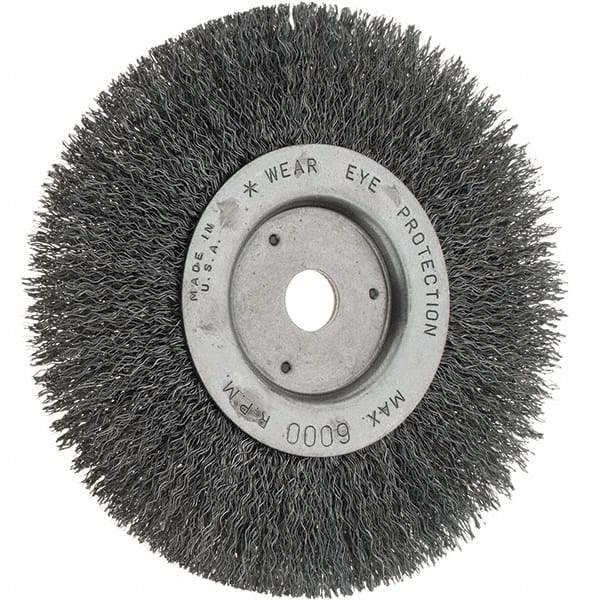 Weiler - 6" OD, 5/8" Arbor Hole, Crimped Steel Wheel Brush - 3/4" Face Width, 1-1/8" Trim Length, 0.014" Filament Diam, 6,000 RPM - Americas Industrial Supply