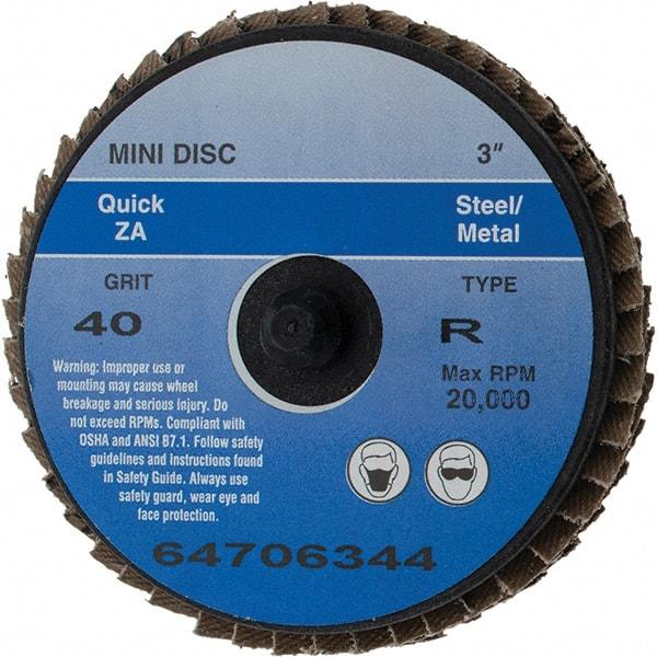 Value Collection - 40 Grit, 3" Disc Diam, Type 27 Zirconia Alumina Flap Disc - Quick Change Type R Attaching System, Coated - Americas Industrial Supply