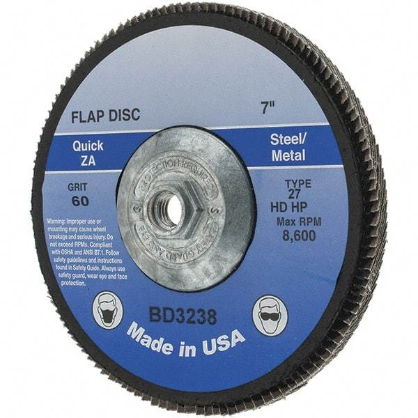 Value Collection - 60 Grit, 7" Disc Diam, 5/8-11 Center Hole, Type 29 Zirconia Alumina Flap Disc - Arbor Attaching System, Coated - Americas Industrial Supply