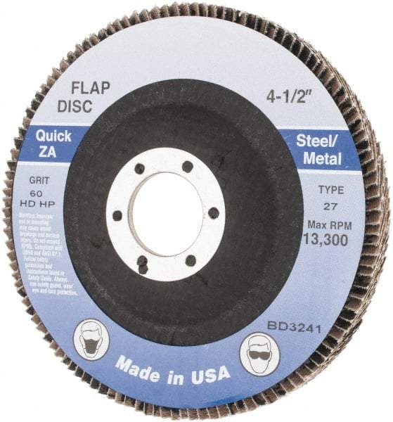 Made in USA - 60 Grit, 4-1/2" Disc Diam, 7/8" Center Hole, Type 27 Zirconia Alumina Flap Disc - Arbor Attaching System, Coated - Americas Industrial Supply
