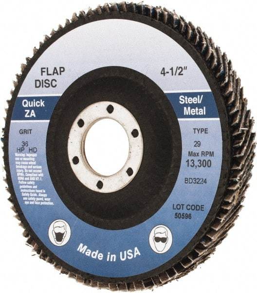 Made in USA - 36 Grit, 4-1/2" Disc Diam, 7/8" Center Hole, Type 29 Zirconia Alumina Flap Disc - Arbor Attaching System, Coated - Americas Industrial Supply