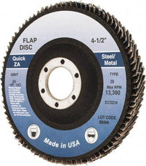 Made in USA - 36 Grit, 4-1/2" Disc Diam, 7/8" Center Hole, Type 29 Zirconia Alumina Flap Disc - Arbor Attaching System, Coated - Americas Industrial Supply