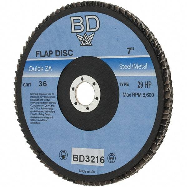 Value Collection - 36 Grit, 7" Disc Diam, 5/8-11 Center Hole, Type 29 Zirconia Alumina Flap Disc - Arbor Attaching System, Coated - Americas Industrial Supply