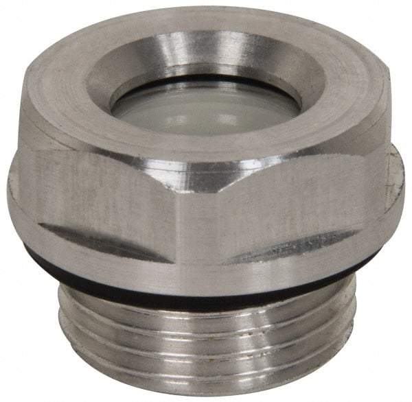 J.W. Winco - M27x1.5 Thread, 30mm Distance Across Flats, Aluminum Oil Level Sight Glasses - 32mm Flange Diameter, 8mm Head Height, 9mm Length Under Head - Americas Industrial Supply