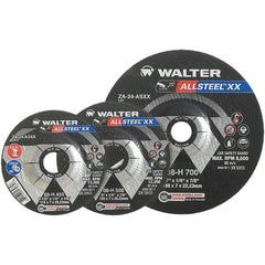 WALTER Surface Technologies - 24 Grit, 4-1/2" Wheel Diam, 1/4" Wheel Thickness, Type 27 Depressed Center Wheel - Aluminum Oxide, Resinoid Bond, 13,300 Max RPM - Americas Industrial Supply