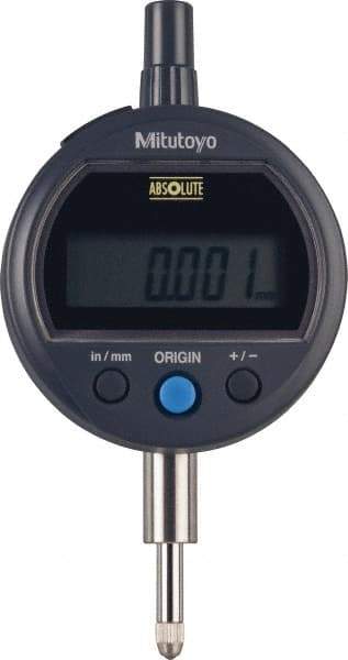 Mitutoyo - 0 to 12.7mm Range, 0.00005" Graduation, Electronic Drop Indicator - Flat Back, Accurate to 0.0001", English & Metric System, LCD Display - Americas Industrial Supply