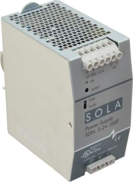 Sola/Hevi-Duty - 120 Watt, 5 Amp, 230 VAC Input, 24 VDC Output, DIN Rail Power Supply - 2.56 Inch Wide x 4.55 Inch Deep x 4.88 Inch High, Up to 88% Efficiency, 14 to 140°F, Green LED - Americas Industrial Supply