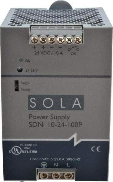 Sola/Hevi-Duty - 240 Watt, 10 Amp, 230 VAC Input, 24 VDC Output, DIN Rail Power Supply - 3.26 Inch Wide x 4.55 Inch Deep x 4.88 Inch High, Up to 88% Efficiency, 14 to 140°F, Green LED - Americas Industrial Supply