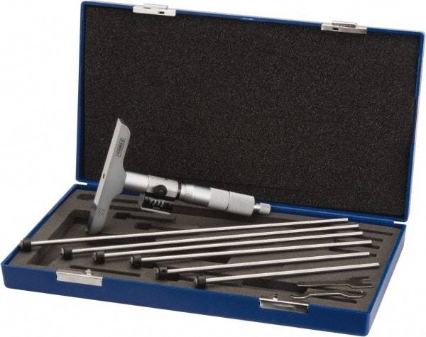 Fowler - 0 to 6" Range, 6 Rod, Satin Chrome Finish Mechanical Depth Micrometer - Ratchet Stop Thimble, 4" Base Length, 0.001" Graduation, 0.176" Rod Diam - Americas Industrial Supply