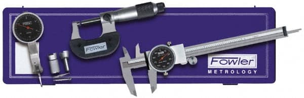 Fowler - 9 Piece, 0" to 0.03" Measuring Range, 0-100 Dial Reading, Black Dial Test Indicator Kit - 0.0005" Dial Graduation - Americas Industrial Supply