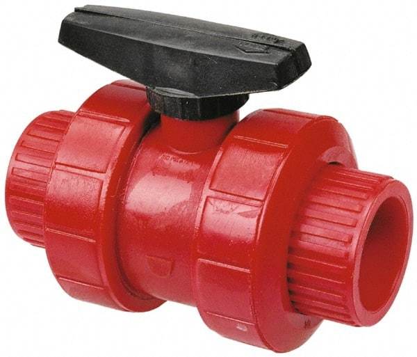 NIBCO - 1-1/2" Pipe, Full Port, PVDF True Union Design Ball Valve - 1 Piece, Inline - One Way Flow, FNPT x FNPT Ends, Wedge Handle, 150 WOG - Americas Industrial Supply