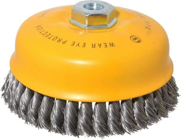 DeWALT - 6" Diam, 5/8-11 Threaded Arbor, Steel Fill Cup Brush - 0.023 Wire Diam, 6,600 Max RPM - Americas Industrial Supply