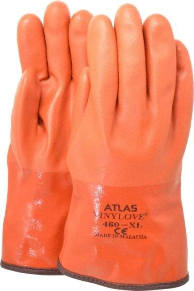 SHOWA - Size XL (10), 12" Long, PVC Chemical Resistant Gloves - Textured Finish, Cotton Blend Lined, Gauntlet Cuff, ANSI Abrasion Level 4, ANSI Cut Level 2, ANSI Puncture Level 2, Orange - Americas Industrial Supply