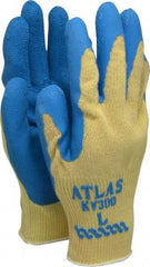 SHOWA - Size L (9), ANSI Cut Lvl 3, Abrasion Lvl 4, Rubber Coated Cut Resistant Gloves - Palm & Fingers Coated, Kevlar Lining, Knit Wrist, Yellow/Blue, Paired - Americas Industrial Supply