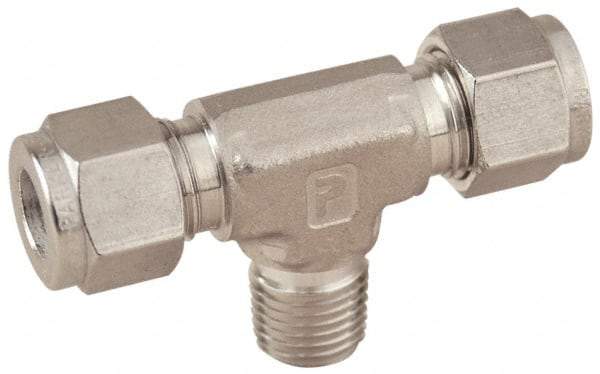 Parker - 3/4" OD, Stainless Steel Male Branch Tee - -425 to 1,200°F, 1-1/16" Hex, Comp x Comp x MNPT Ends - Americas Industrial Supply