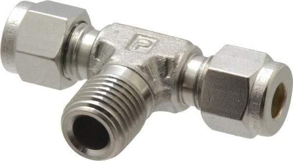Parker - 1/4" OD, Stainless Steel Male Branch Tee - -425 to 1,200°F, 9/16" Hex, Comp x Comp x MNPT Ends - Americas Industrial Supply