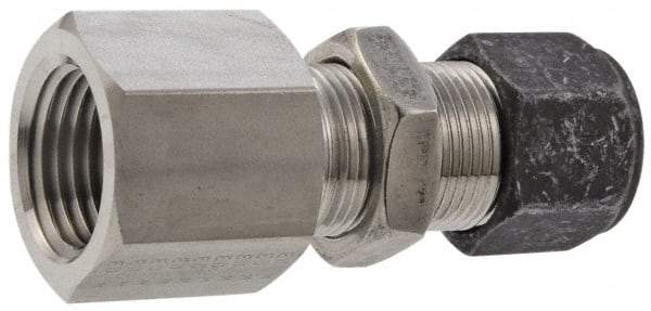 Parker - 3/8" OD, Stainless Steel Bulkhead Female Connector - 3/4" Hex, Comp x FNPT Ends - Americas Industrial Supply