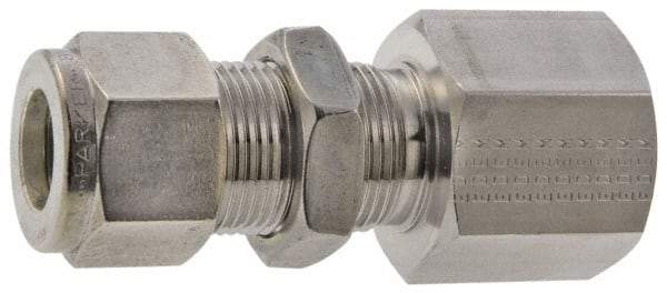 Parker - 1/2" OD, Stainless Steel Bulkhead Female Connector - -425 to 1,200°F, 15/16" Hex, Comp x FNPT Ends - Americas Industrial Supply