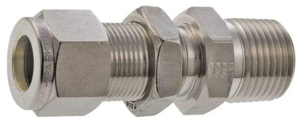 Parker - 3/8" OD, Stainless Steel Bulkhead Connector - -425 to 1,200°F, 3/4" Hex, Comp x MNPT Ends - Americas Industrial Supply