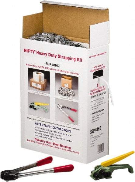 Nifty Products - Strapping Kits Type: Heavy-Duty Polypropylene Strapping Kit Contents: Coil; Tensioner; Crimper; Metal Seals - Americas Industrial Supply