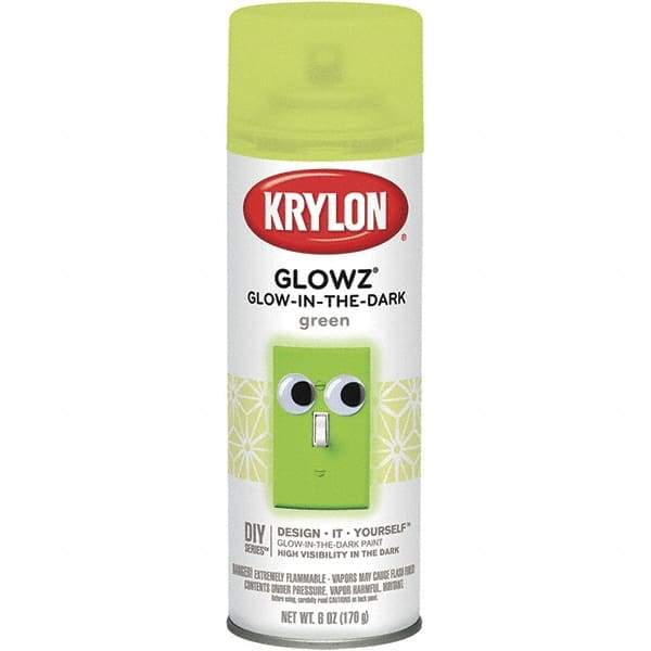 Krylon - Glow Green, Semi Gloss, Glow-in-the-Dark Spray Paint - 10 to 15 Sq Ft per Can, 16 oz Container, Use on Ceramics, Fabric, Glass, Glow-in-the-Dark Paint, Metal, Paper, Papier Mache, Plaster, Wicker, Wood - Americas Industrial Supply