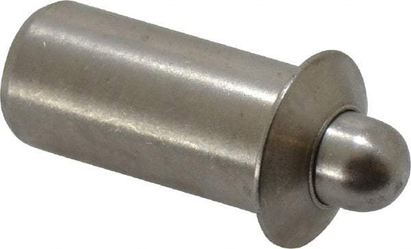 Vlier - 0.786" Body Len x 3/8" Body Diam, 0.234" Plunger Diam, 2.5 Lb Init to 7 Lb Final End Force, 0.786" Len Under Flange, Stainless Steel Press Fit Spring Plunger - 1/2" Flange Diam, 0.096" Flange Thickness, 0.882" Plunger Len, 3/16" Plunger Projection - Americas Industrial Supply