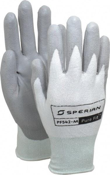 Honeywell - Size M (8), Polyurethane Coated HPPE Fiber Cut Resistant Gloves - Palm & Fingers Coated, Knit Wrist, White/Gray, Paired - Americas Industrial Supply