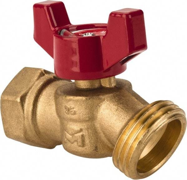 B&K Mueller - 1/2" Pipe, 125 psi WOG Rating, 1/4" Long Shank, Brass Hose Bibb, Stop Valve - Wing Tee Handle, FNPT x GHT End Connections - Americas Industrial Supply