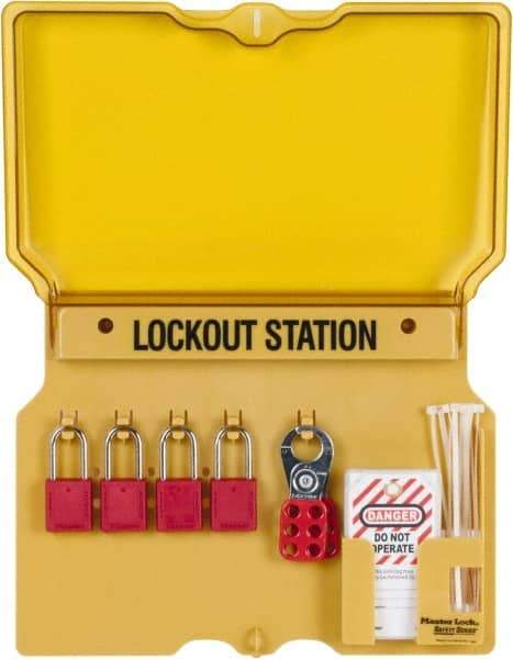 Master Lock - 7 Piece, Equipped Polycarbonate Padlock Station - 16 Inch Wide x 12-1/4 Inch High x 1-3/4 Inch Deep, Black on Yellow, Covered - Americas Industrial Supply